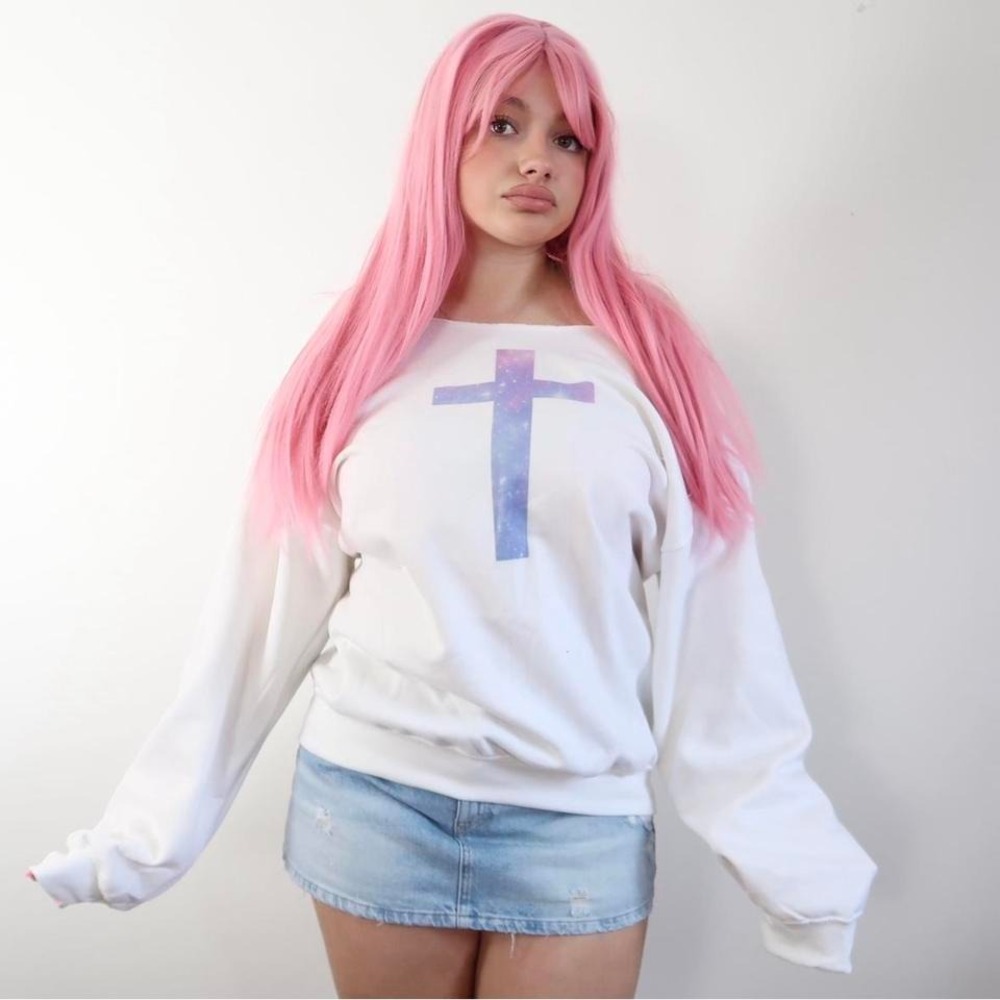 y2k galaxy cross graphic off shoulder sweatshirt indie sleaze